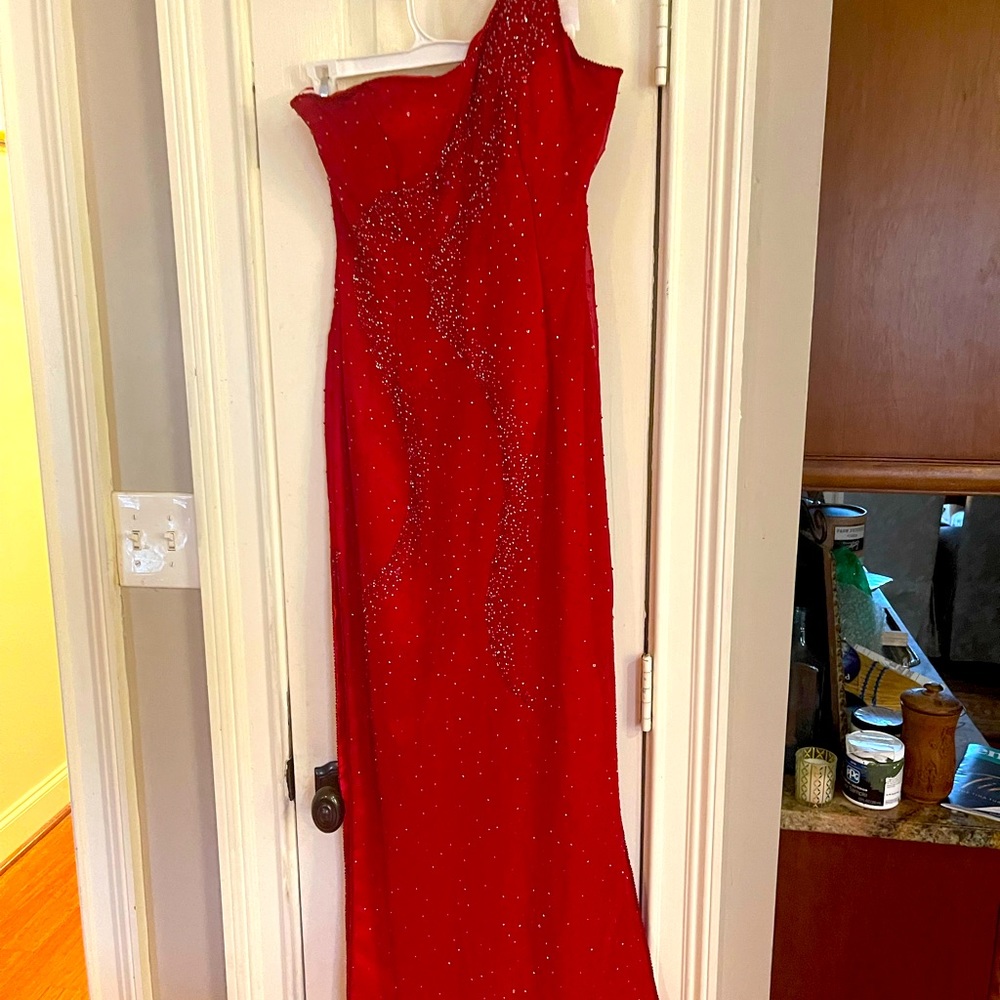 Riva’s Designs Red Beaded formfitting formal dress